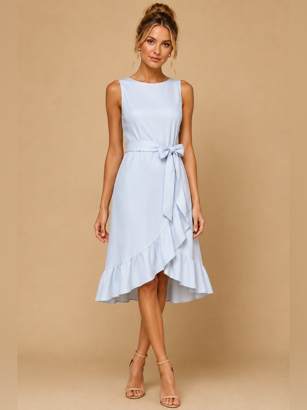 Calvin Klein Light Blue Crepe Ruffle Tulip Hem Faux Wrap Dress NWT Size 10